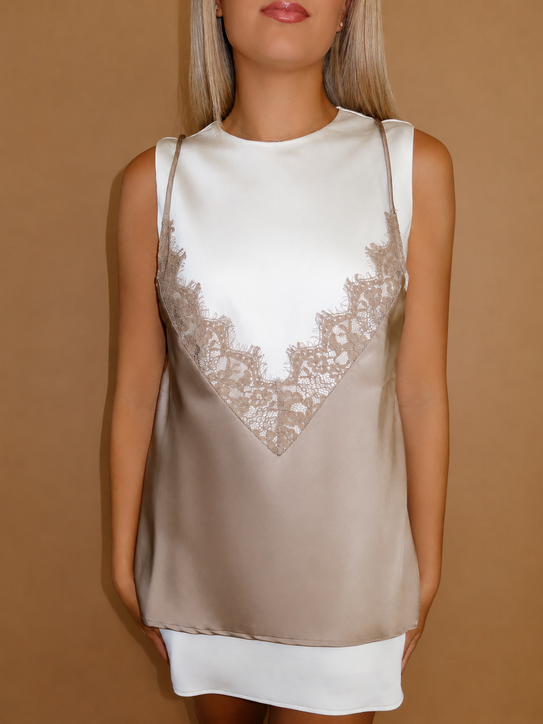 Regan Lace Mini Dress in Taupe