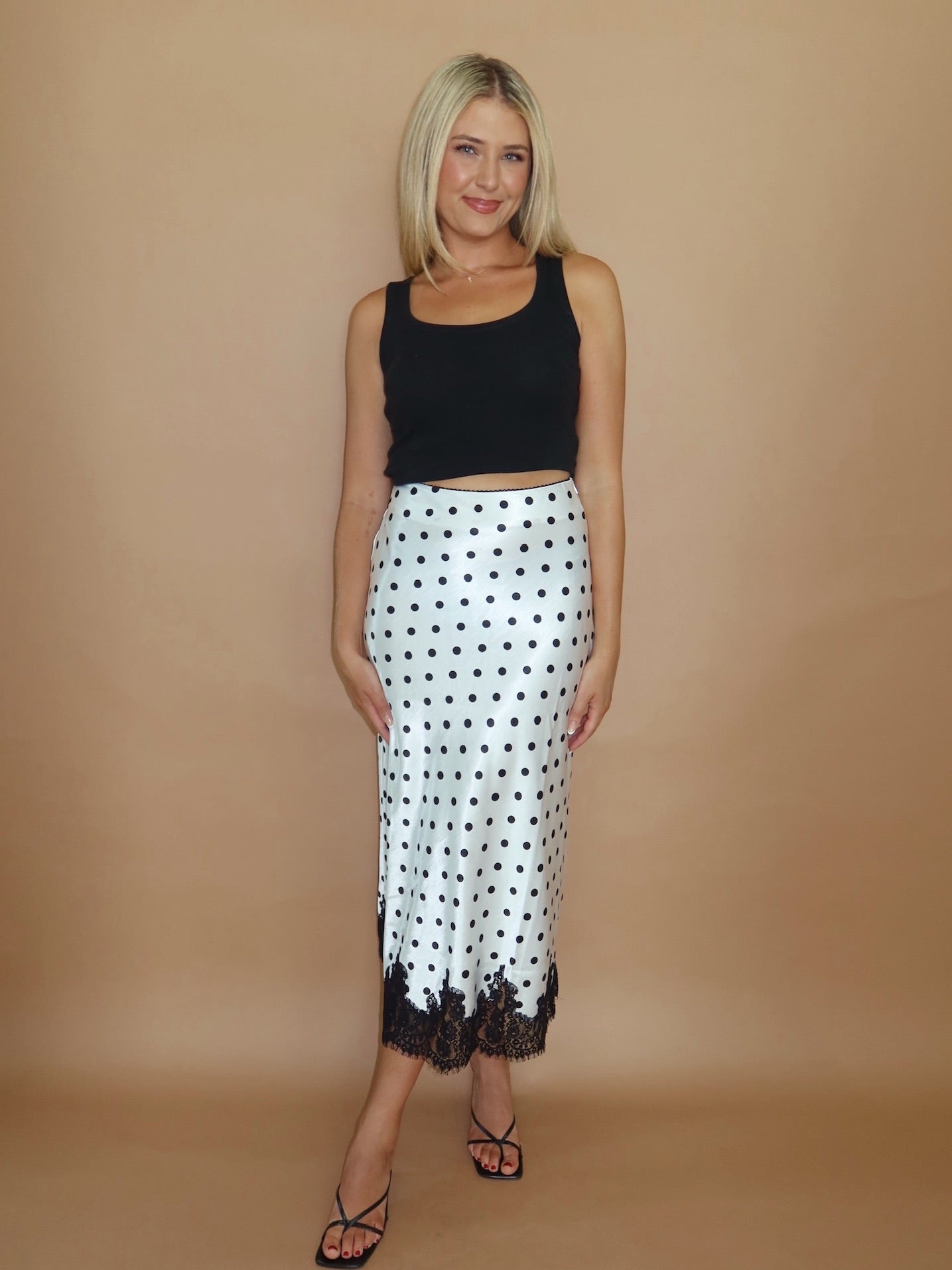 Kenzie Polka Dot Satin Midi Skirt