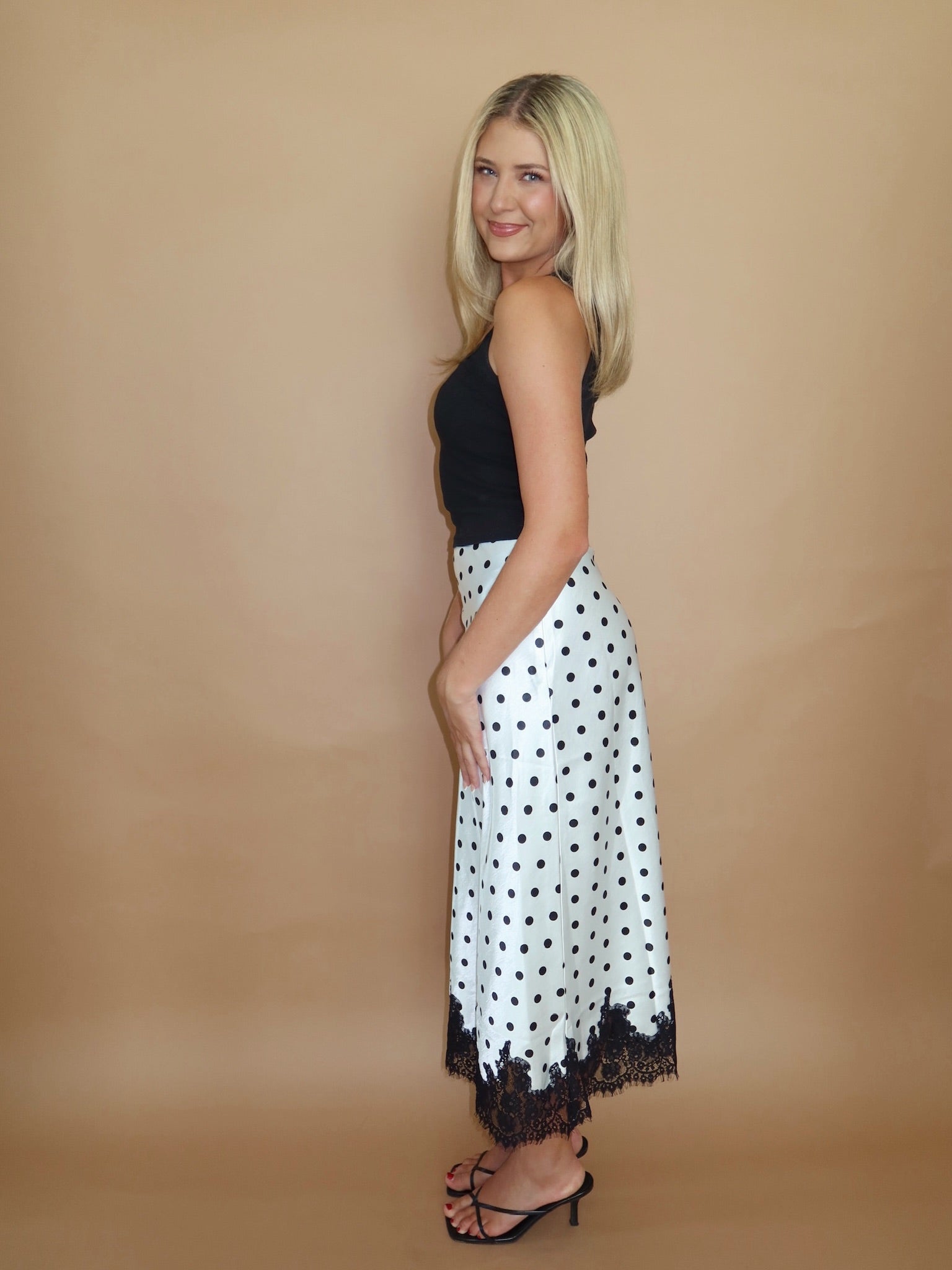 Kenzie Polka Dot Satin Midi Skirt