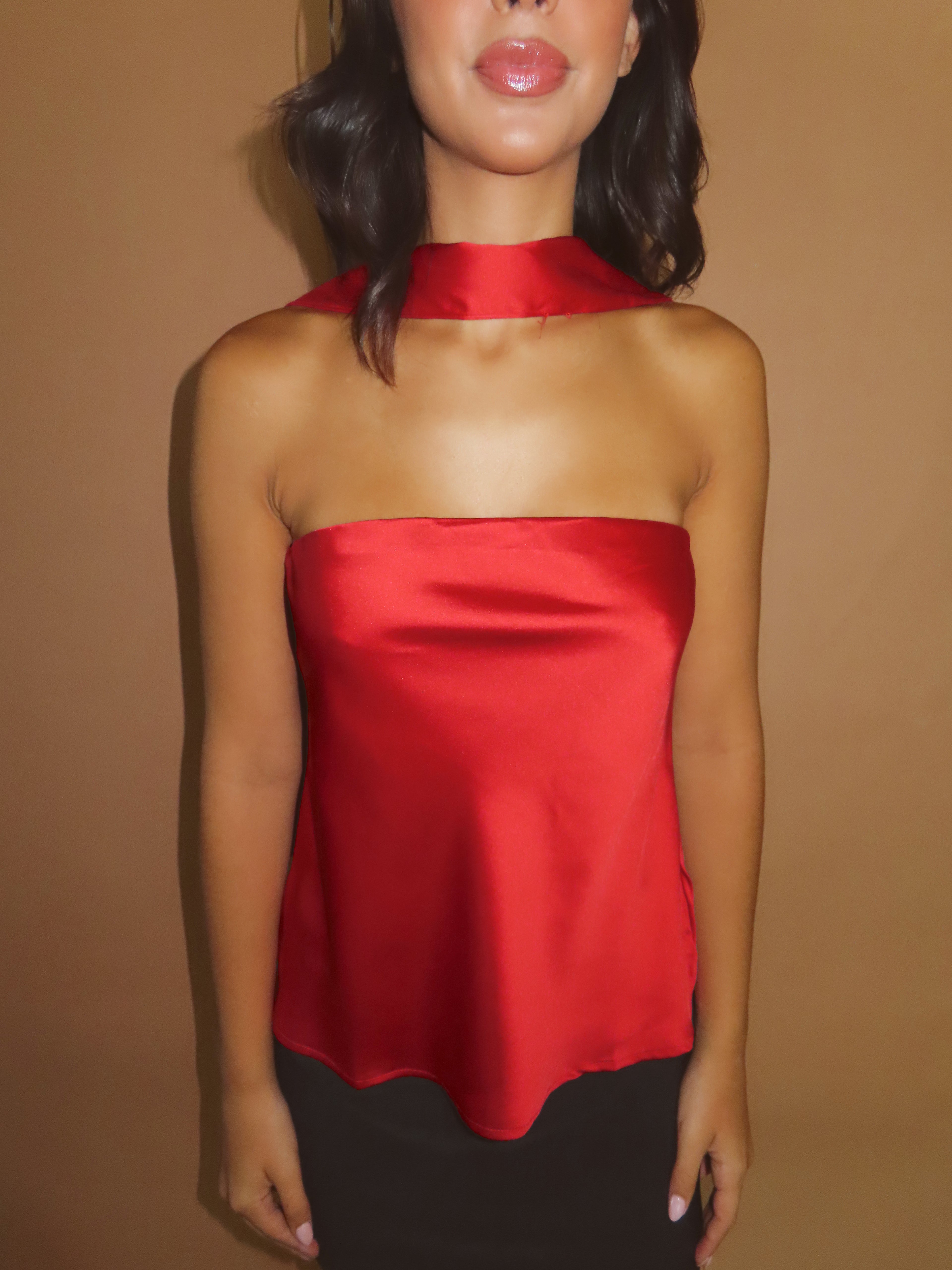 Farrah Strapless Scarf Top in Red